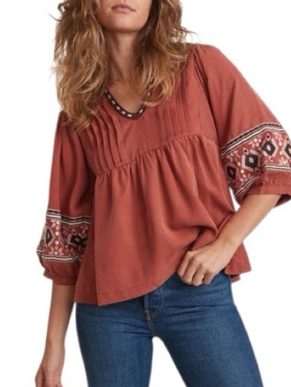 Marine Layer Marierel Tocaluma Boho V-Neck Embroidered Top Size S